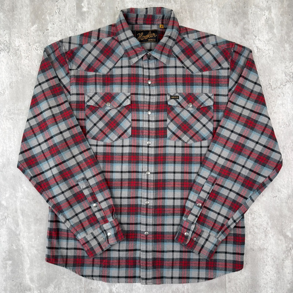 Howler Bros Stockman Flannel Snapshirt Mens Medium Gray Red Plaid Western